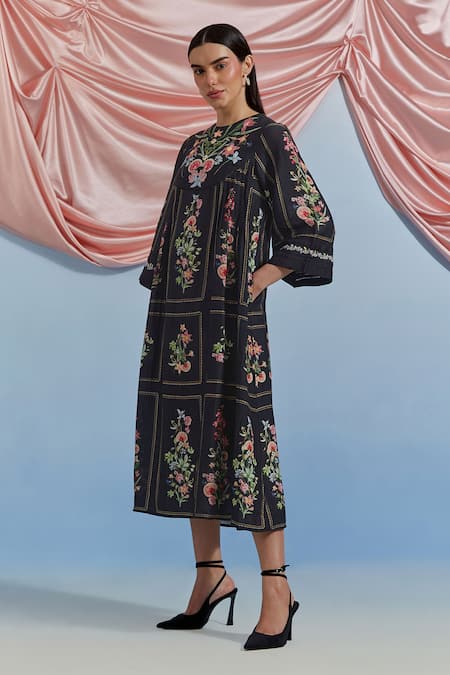 Buy_Pozruh By Aiman_Black Linen, Organza Embroidery, Foil Printing Round Bouquet Pleated Midi Dress _Online_at_Aza_Fashions