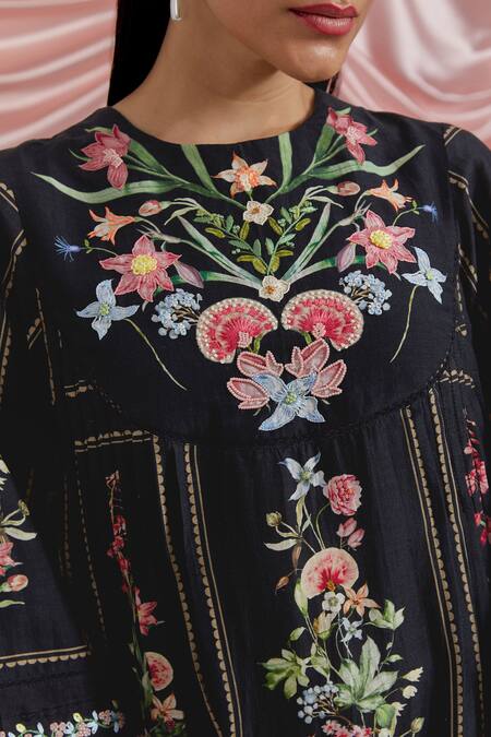 Shop_Pozruh By Aiman_Black Linen, Organza Embroidery, Foil Printing Round Bouquet Pleated Midi Dress _Online_at_Aza_Fashions