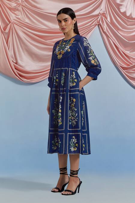 Pozruh By Aiman_Blue Linen, Organza Embroidery, Sequins Round Neck Bouquet Print Dress _Online_at_Aza_Fashions