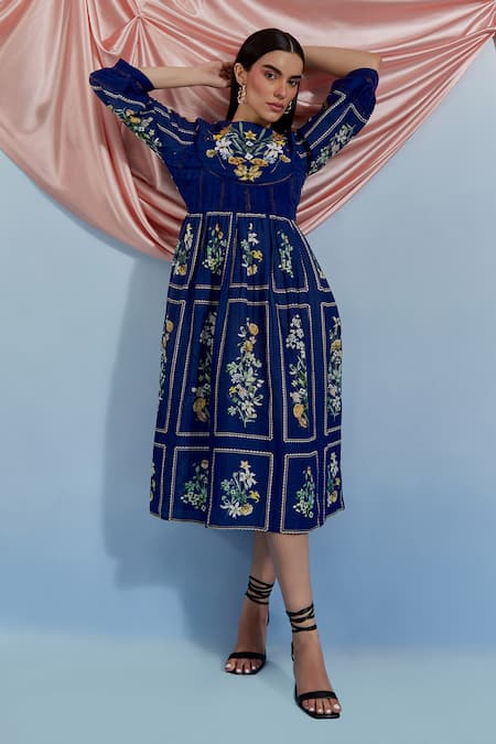 Buy_Pozruh By Aiman_Blue Linen, Organza Embroidery, Sequins Round Neck Bouquet Print Dress _Online_at_Aza_Fashions