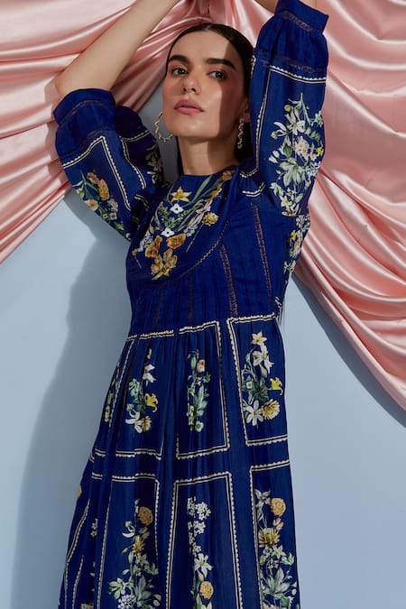 Pozruh By Aiman_Blue Linen, Organza Embroidery, Sequins Round Neck Bouquet Print Dress _at_Aza_Fashions