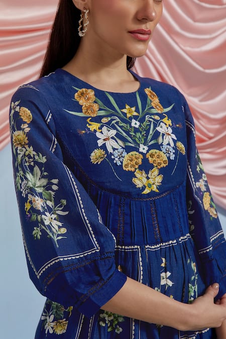 Buy_Pozruh By Aiman_Blue Linen, Organza Embroidery, Sequins Round Neck Bouquet Print Dress 