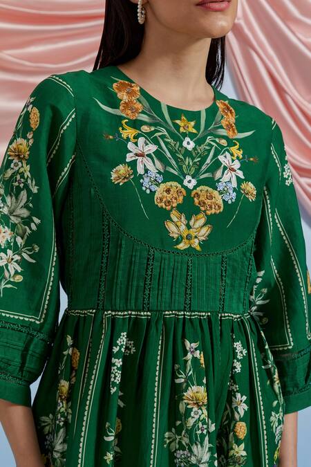 Buy_Pozruh By Aiman_Green Organza Embroidery, Sequins Round Neck Bouquet Print Midi Dress _Online_at_Aza_Fashions