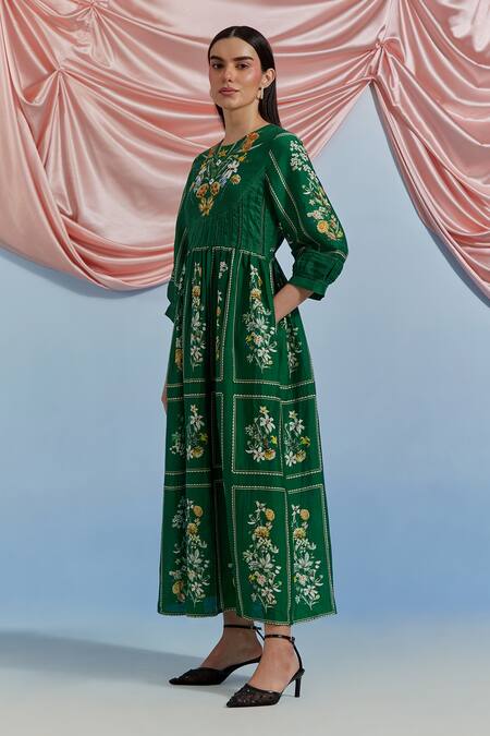 Shop_Pozruh By Aiman_Green Organza Embroidery, Sequins Round Neck Bouquet Print Midi Dress _Online_at_Aza_Fashions