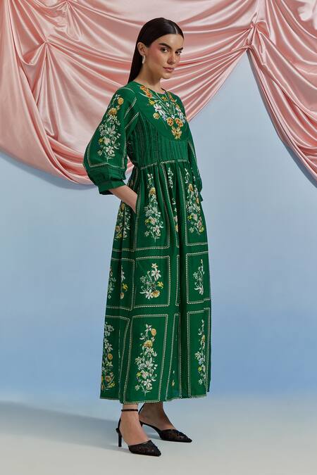 Pozruh By Aiman_Green Organza Embroidery, Sequins Round Neck Bouquet Print Midi Dress _at_Aza_Fashions