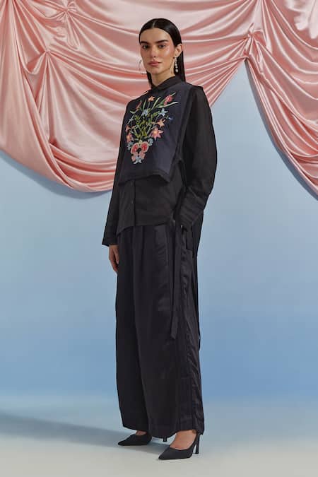 Shop_Pozruh By Aiman_Black Linen, Organza, Satin Embroidery Collared Bouquet Bib Top With Shirt _Online_at_Aza_Fashions