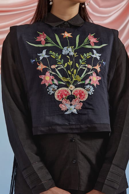 Shop_Pozruh By Aiman_Black Linen, Organza, Satin Embroidery Collared Bouquet Bib Top With Shirt 