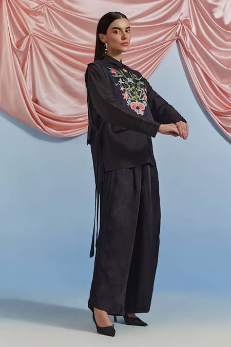 Pozruh By Aiman_Black Linen, Satin, Silk Embroidery, Piping Luna Pant _Online_at_Aza_Fashions