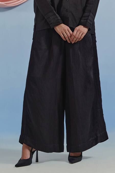 Buy_Pozruh By Aiman_Black Linen, Satin, Silk Embroidery, Piping Luna Pant _Online_at_Aza_Fashions
