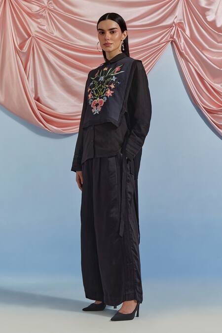 Shop_Pozruh By Aiman_Black Linen, Satin, Silk Embroidery, Piping Luna Pant _Online_at_Aza_Fashions
