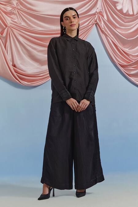 Pozruh By Aiman_Black Linen, Satin, Silk Embroidery, Piping Luna Pant _at_Aza_Fashions