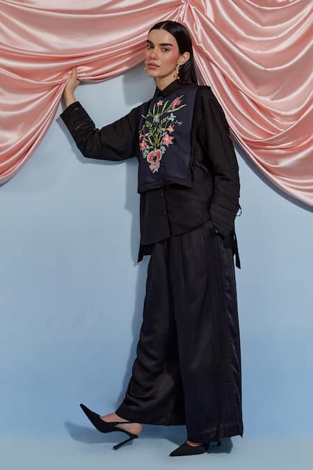 Shop_Pozruh By Aiman_Black Linen, Satin, Silk Embroidery, Piping Luna Pant 
