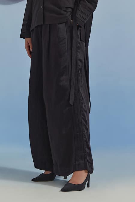 Pozruh By Aiman_Black Linen, Satin, Silk Embroidery, Lace Bouquet Print Bib Top And Trouser Set _Online_at_Aza_Fashions