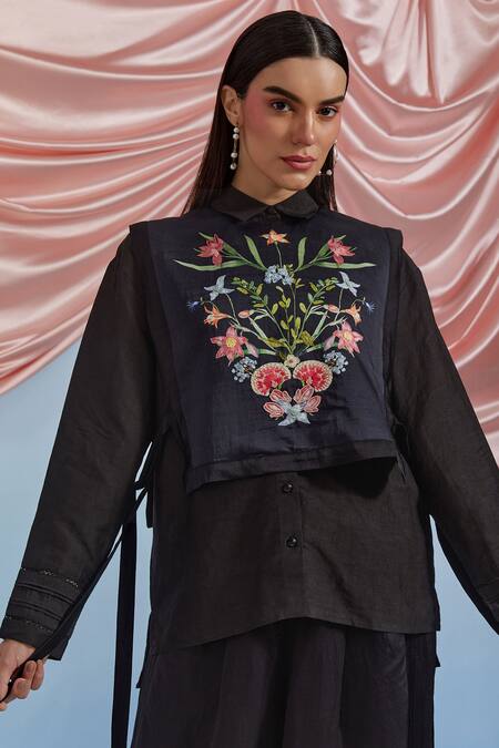 Buy_Pozruh By Aiman_Black Linen, Satin, Silk Embroidery, Lace Bouquet Print Bib Top And Trouser Set _Online_at_Aza_Fashions