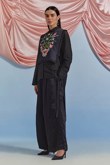 Shop_Pozruh By Aiman_Black Linen, Satin, Silk Embroidery, Lace Bouquet Print Bib Top And Trouser Set _Online_at_Aza_Fashions