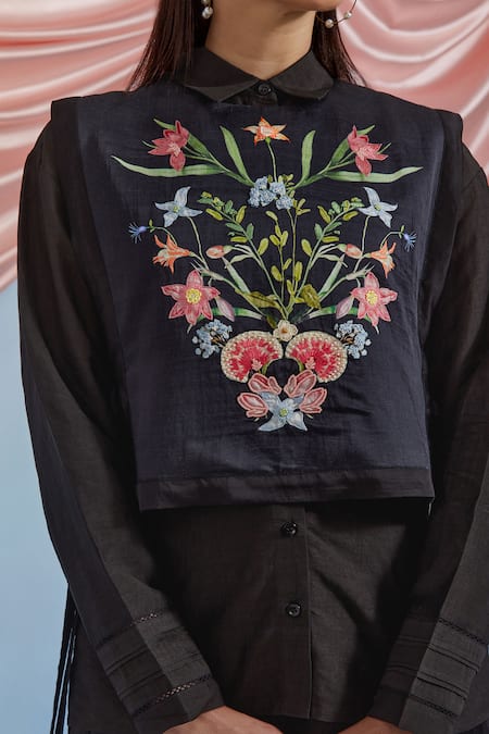 Pozruh By Aiman_Black Linen, Satin, Silk Embroidery, Lace Bouquet Print Bib Top And Trouser Set _at_Aza_Fashions