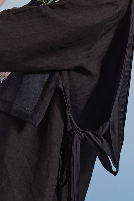 Shop_Pozruh By Aiman_Black Linen, Satin, Silk Embroidery, Lace Bouquet Print Bib Top And Trouser Set 