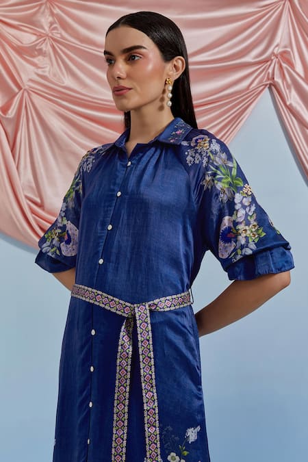 Pozruh By Aiman_Blue Linen, Satin Embroidery, Sequins, Beads Collared, Doe Printed Shirt Dress _Online_at_Aza_Fashions