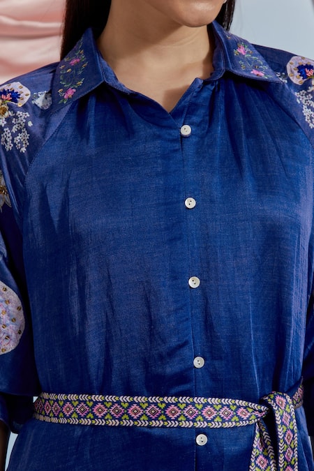 Buy_Pozruh By Aiman_Blue Linen, Satin Embroidery, Sequins, Beads Collared, Doe Printed Shirt Dress _Online_at_Aza_Fashions