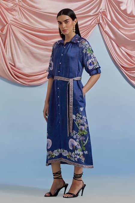 Shop_Pozruh By Aiman_Blue Linen, Satin Embroidery, Sequins, Beads Collared, Doe Printed Shirt Dress _Online_at_Aza_Fashions