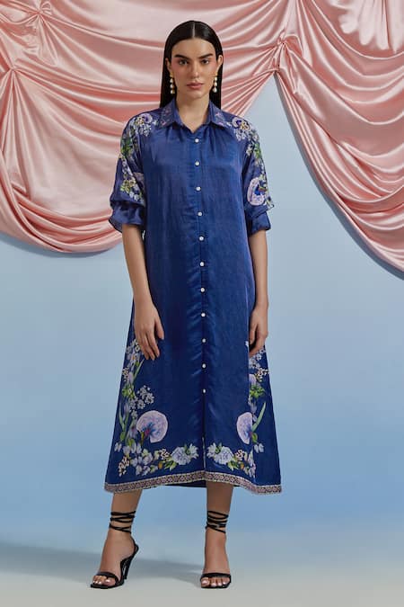 Pozruh By Aiman_Blue Linen, Satin Embroidery, Sequins, Beads Collared, Doe Printed Shirt Dress _at_Aza_Fashions