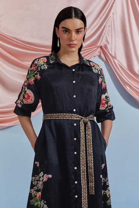 Buy_Pozruh By Aiman_Black Linen, Satin Embroidery, Sequins, Beads Collared Doe Printed Shirt Dress _Online_at_Aza_Fashions