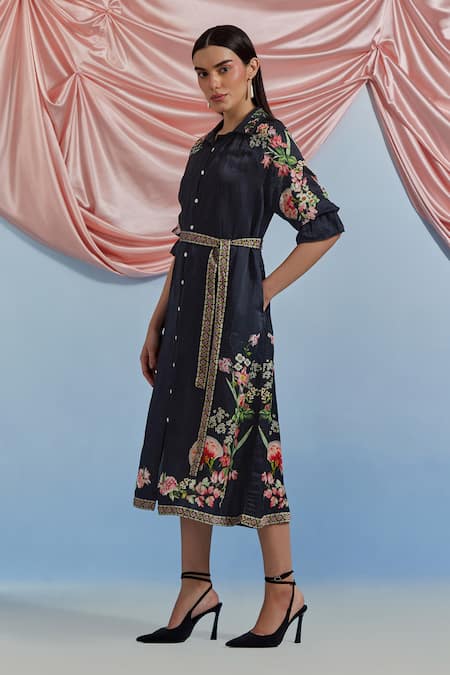 Pozruh By Aiman_Black Linen, Satin Embroidery, Sequins, Beads Collared Doe Printed Shirt Dress _at_Aza_Fashions