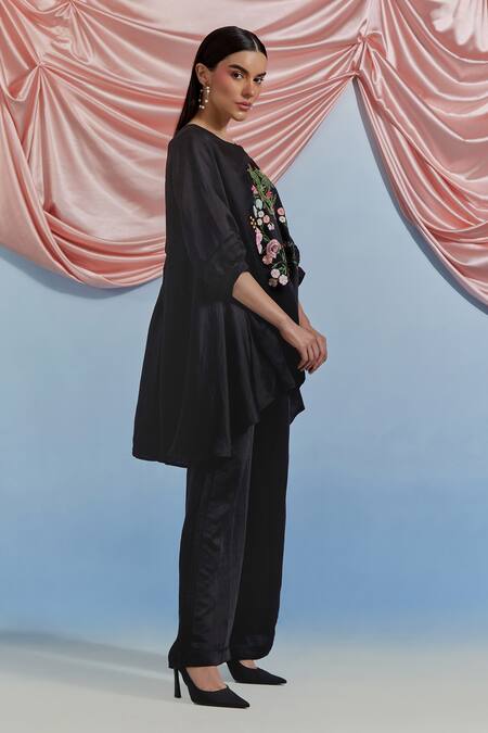 Buy_Pozruh By Aiman_Black Linen, Satin Embroidery Round Neck Top And Trouser Set _Online_at_Aza_Fashions