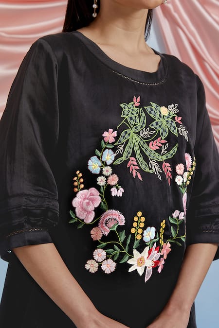 Pozruh By Aiman_Black Linen, Satin Embroidery Round Neck Top And Trouser Set _at_Aza_Fashions