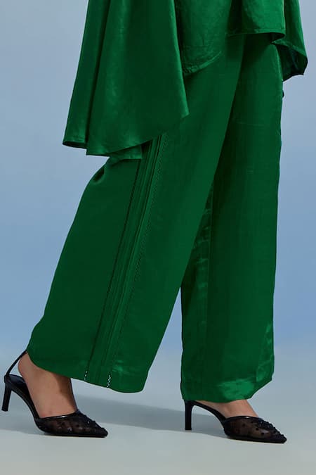 Pozruh By Aiman_Green Linen, Satin Embroidery Round Neck Swayer Top And Trouser Set _Online_at_Aza_Fashions