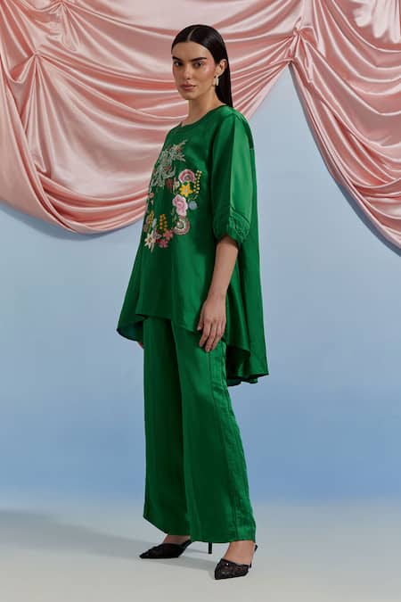 Shop_Pozruh By Aiman_Green Linen, Satin Embroidery Round Neck Swayer Top And Trouser Set _Online_at_Aza_Fashions