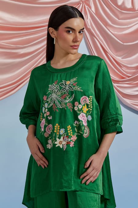 Pozruh By Aiman_Green Linen, Satin Embroidery Round Neck Swayer Top And Trouser Set _at_Aza_Fashions