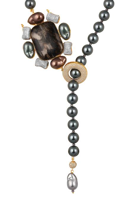 Hrisha_Black Shell Pearl And Stone Embellished Long Necklace _Online_at_Aza_Fashions