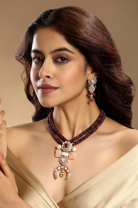 Hrisha Jasper Pearl Beaded Necklace & Earring Set 