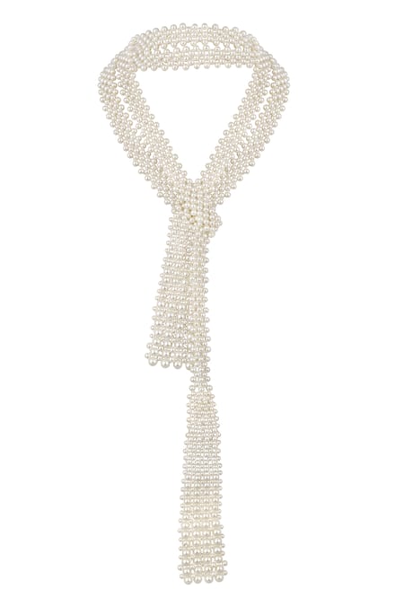 Shop HRISHA Off White Pearl Knot Design Long Necklace at Aza Fashions Shop_HRISHA_Off White Pearl Knot Design Long Necklace _at_Aza_Fashions