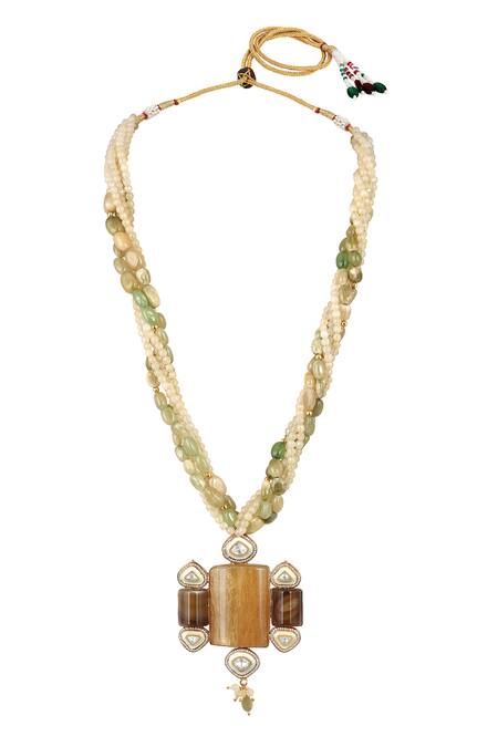 Hrisha_Green Stones, Beads, Crystals Moissanite Kundan Polki And Agate Jewellery Set _Online_at_Aza_Fashions