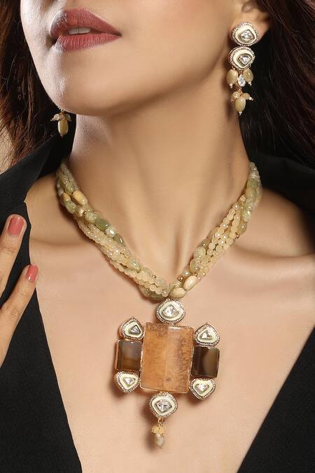 Shop_Hrisha_Green Stones, Beads, Crystals Moissanite Kundan Polki And Agate Jewellery Set _Online_at_Aza_Fashions