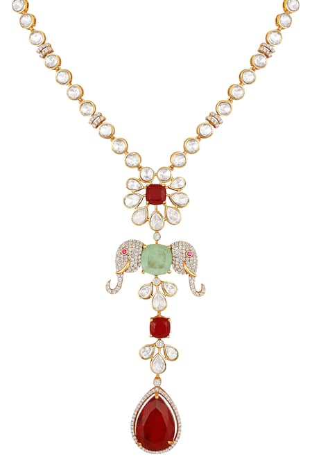 Hrisha Red Crystals, Stones, Kundan Polki Embellished Necklace Set Online at Aza Fashions Hrisha_Red Crystals, Stones, Kundan Polki Embellished Necklace Set _Online_at_Aza_Fashions