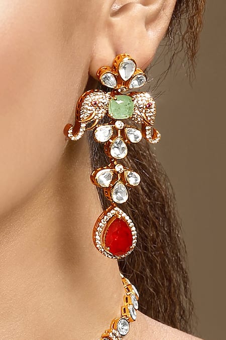 Shop Hrisha Red Crystals, Stones, Kundan Polki Embellished Necklace Set Online at Aza Fashions Shop_Hrisha_Red Crystals, Stones, Kundan Polki Embellished Necklace Set _Online_at_Aza_Fashions