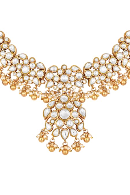 Shop_Hrisha_Cream Pearls, Stones, Crystals Moissanite Kundan Polki And Necklace Set _Online_at_Aza_Fashions