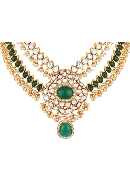 Buy_HRISHA_Gold Plated Beads, Pearls, Stones Moissanite Kundan Polki Necklace Set _Online_at_Aza_Fashions