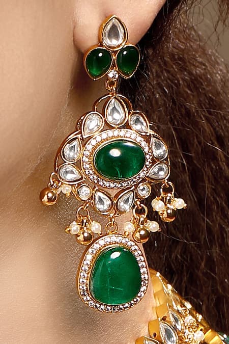 Shop_HRISHA_Gold Plated Beads, Pearls, Stones Moissanite Kundan Polki Necklace Set _Online_at_Aza_Fashions