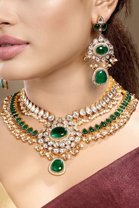 HRISHA_Gold Plated Beads, Pearls, Stones Moissanite Kundan Polki Necklace Set _at_Aza_Fashions