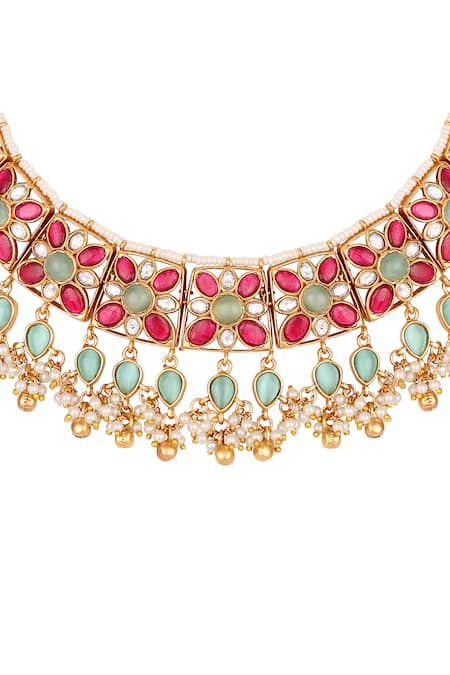Shop_Hrisha_Multi Color Pearls, Stones And Kundan Necklace Set _Online_at_Aza_Fashions