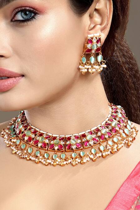 Hrisha_Multi Color Pearls, Stones And Kundan Necklace Set _at_Aza_Fashions