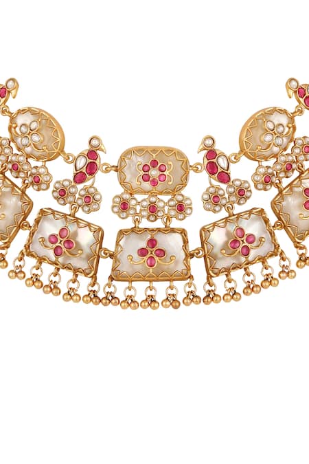 Shop_Hrisha_Gold Plated Stones, Beads, Pearls Ruby Kundan Jewellery Set _Online_at_Aza_Fashions