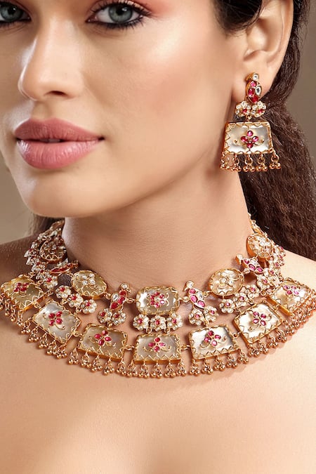 Hrisha_Gold Plated Stones, Beads, Pearls Ruby Kundan Jewellery Set _at_Aza_Fashions