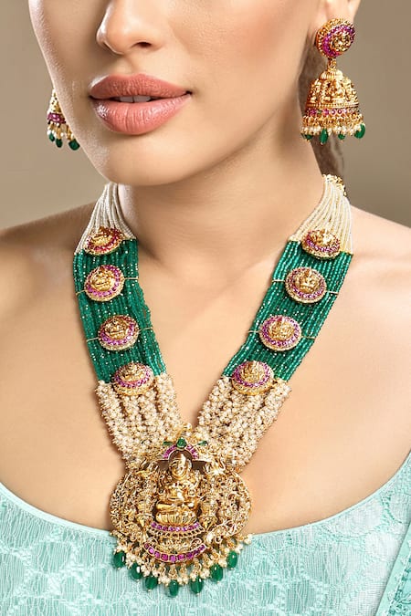 Hrisha_Multi Color Pearls, Stones Goddess Motif Necklace Set _at_Aza_Fashions