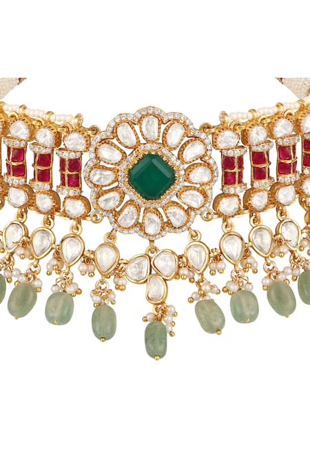 Buy_Hrisha_Multi Color Pearls, Stones, Crystals Kundan Polki Necklace Set _Online_at_Aza_Fashions
