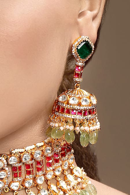 Shop_Hrisha_Multi Color Pearls, Stones, Crystals Kundan Polki Necklace Set _Online_at_Aza_Fashions